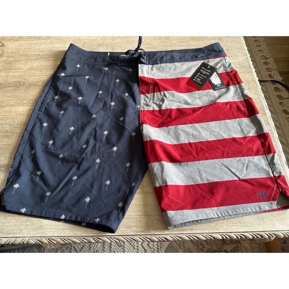 TravisMathew Brilliance Board Shorts 40 Red White Blue Palm Tree Swim Trunks men